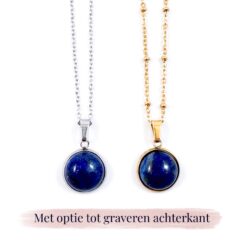 Ketting met lapis lazuli edelsteen hanger rond zilver of goud stainless steel - met gravure achterkant hanger - gegraveerd kettinkje