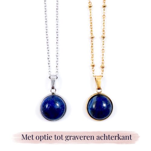 Ketting met lapis lazuli edelsteen hanger rond zilver of goud stainless steel - met gravure achterkant hanger - gegraveerd kettinkje