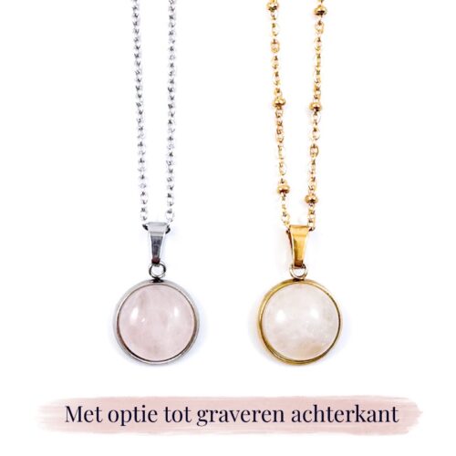 Ketting met rozenkwarts edelsteen hanger rond zilver of goud stainless steel - met gravure achterkant hanger - gegraveerd kettinkje