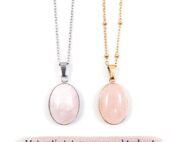 Ketting rozenkwarts edelsteen ovaal - zilver of goud stainless steel - met gravure achterkant hanger - gegraveerd kettinkje